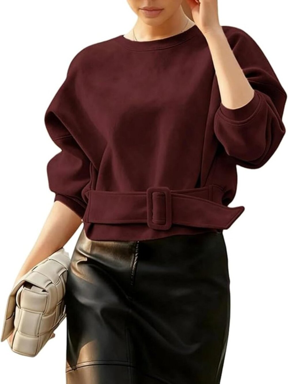 Chic Faux Suede Cropped Top with Belted Buckle, Long Sleeve Crew Neck, Casual